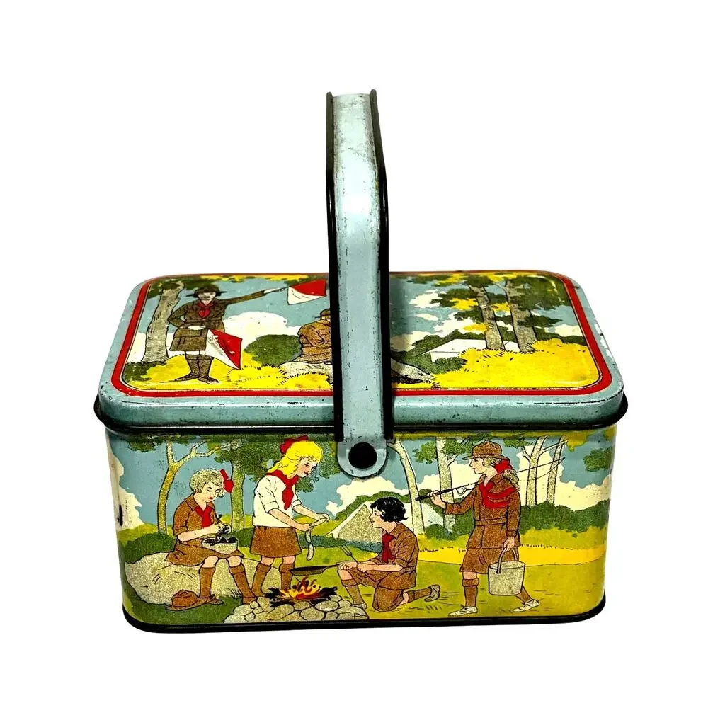 Vintage Girl Scouts metal tin lunch box top handle guides flags yellow blue